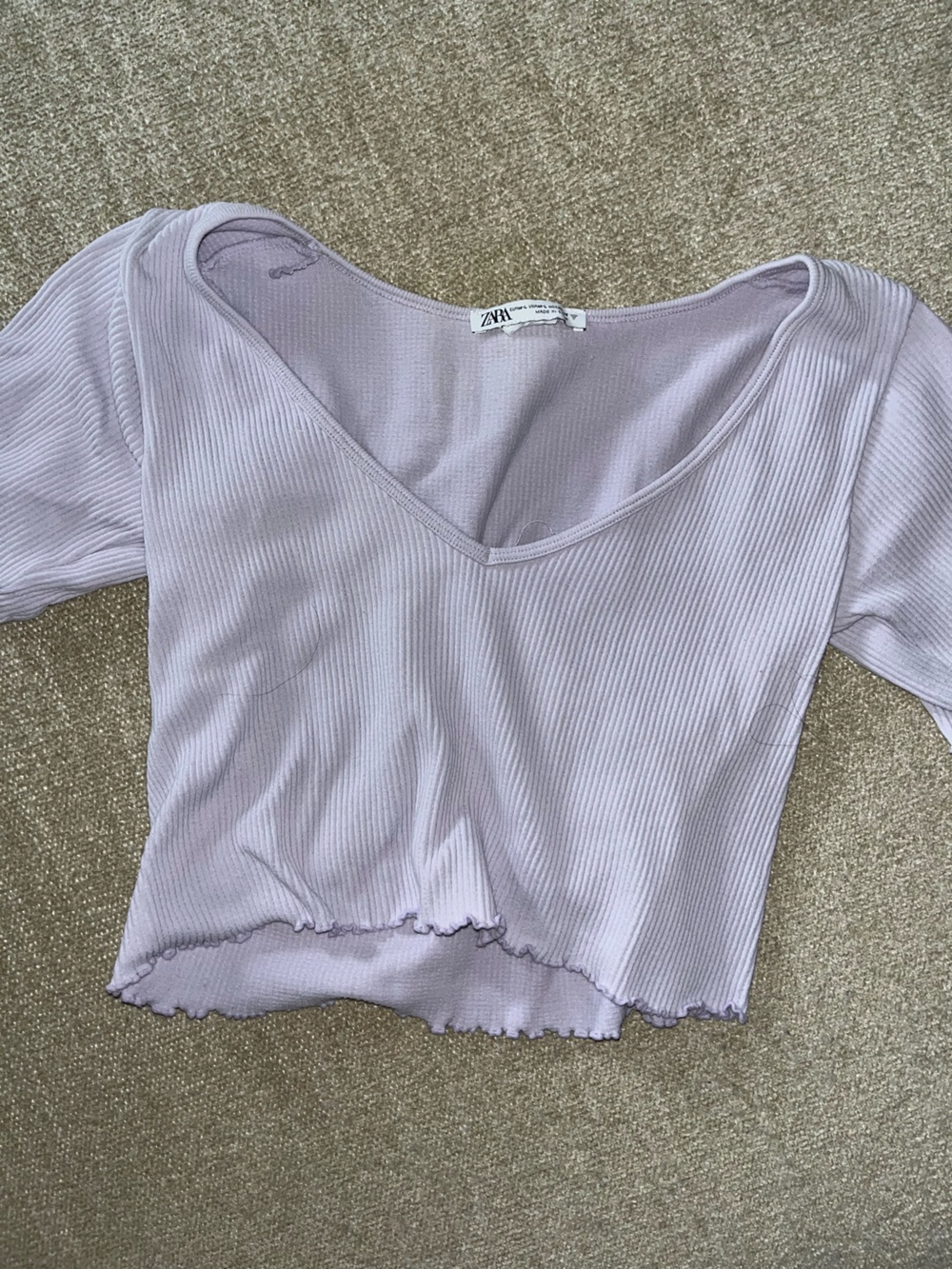 Zara Lilac Ribbed Short-Sleeve Crop Top with Lettuce Hem